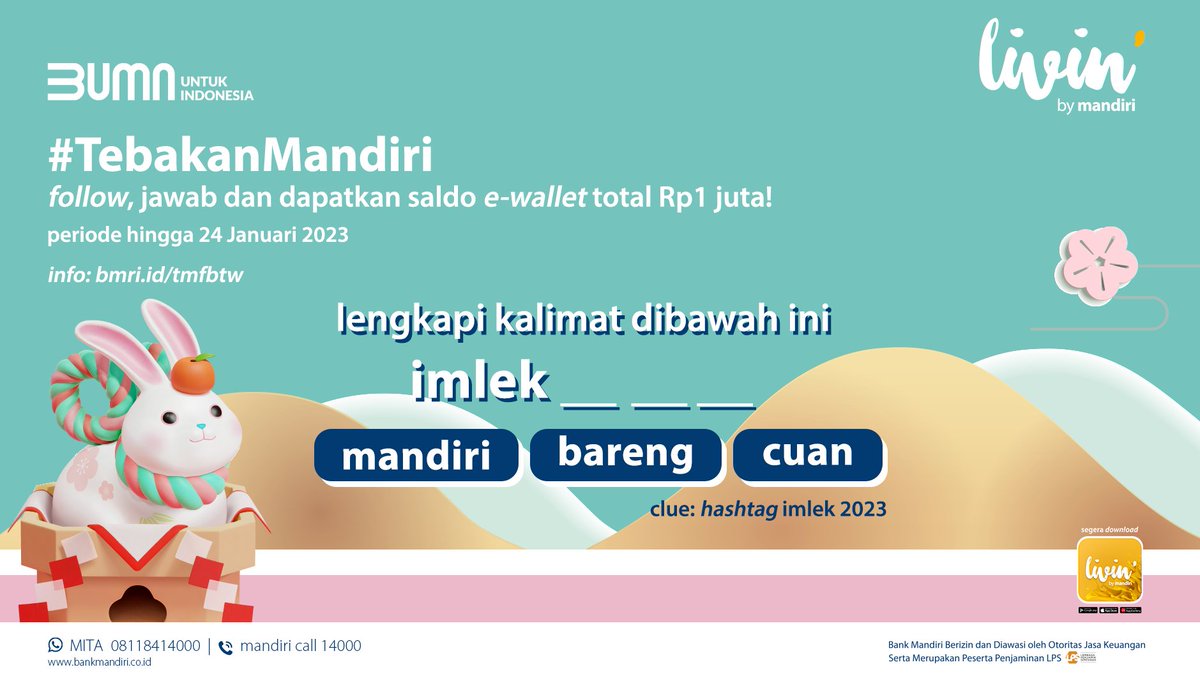 Sahabat, ada e-wallet senilai total Rp1 juta nih buat kamu! Buat dapetin, cukup tebak jawaban gambar di atas dengan reply tweet ini &amp; pake hashtag #TebakanMandiri!

Periode hingga 24 Januari 2023. Info: bmri.id/tmfbtw

#ImlekCuanBarengMandiri #KuisBerhadiah