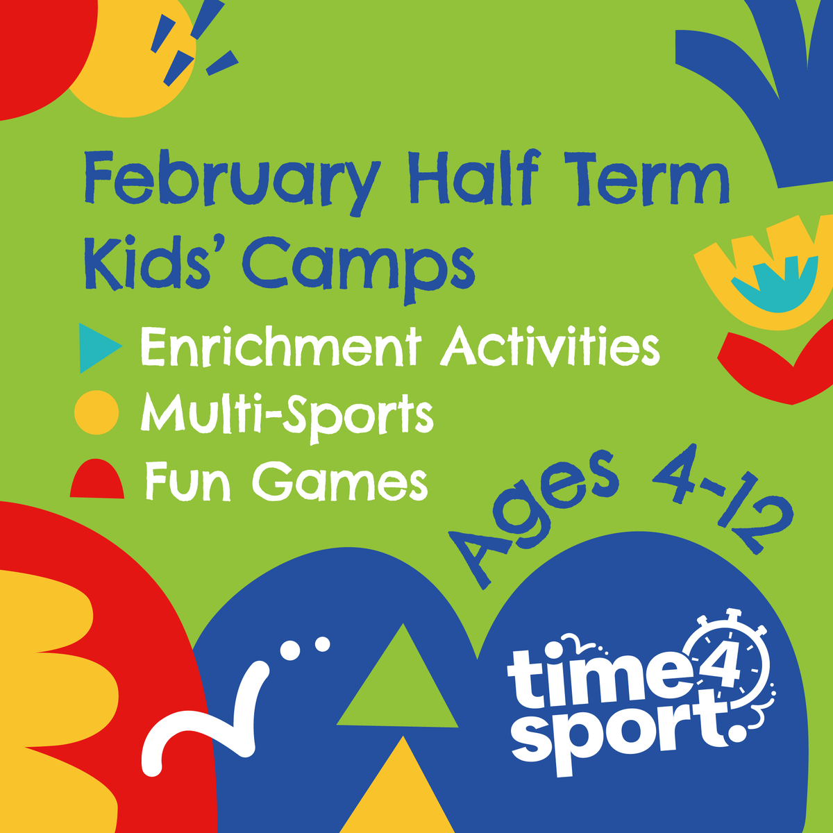 🌼Our Feb half-term #happyholidays camps are ON SALE!🌼

Action-packed camp days include:
🏀Multi-Sports
✨Enrichment Activities
🤸Fun games

Camp locations - Blythe Bridge, NUL, Penkhull, Stone and Trentham.

Link in bio - BOOK NOW!

#T4S #fitterhealthierhappier #happyholidays