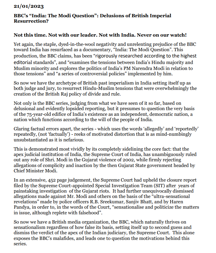 ANI's tweet photo. Retired judges, retired bureaucrats and retired armed forces veterans co-sign a statement rebutting the BBC documentary ‘Delusions of British Imperial Resurrection?’ https://t.co/XCFROpYzPl