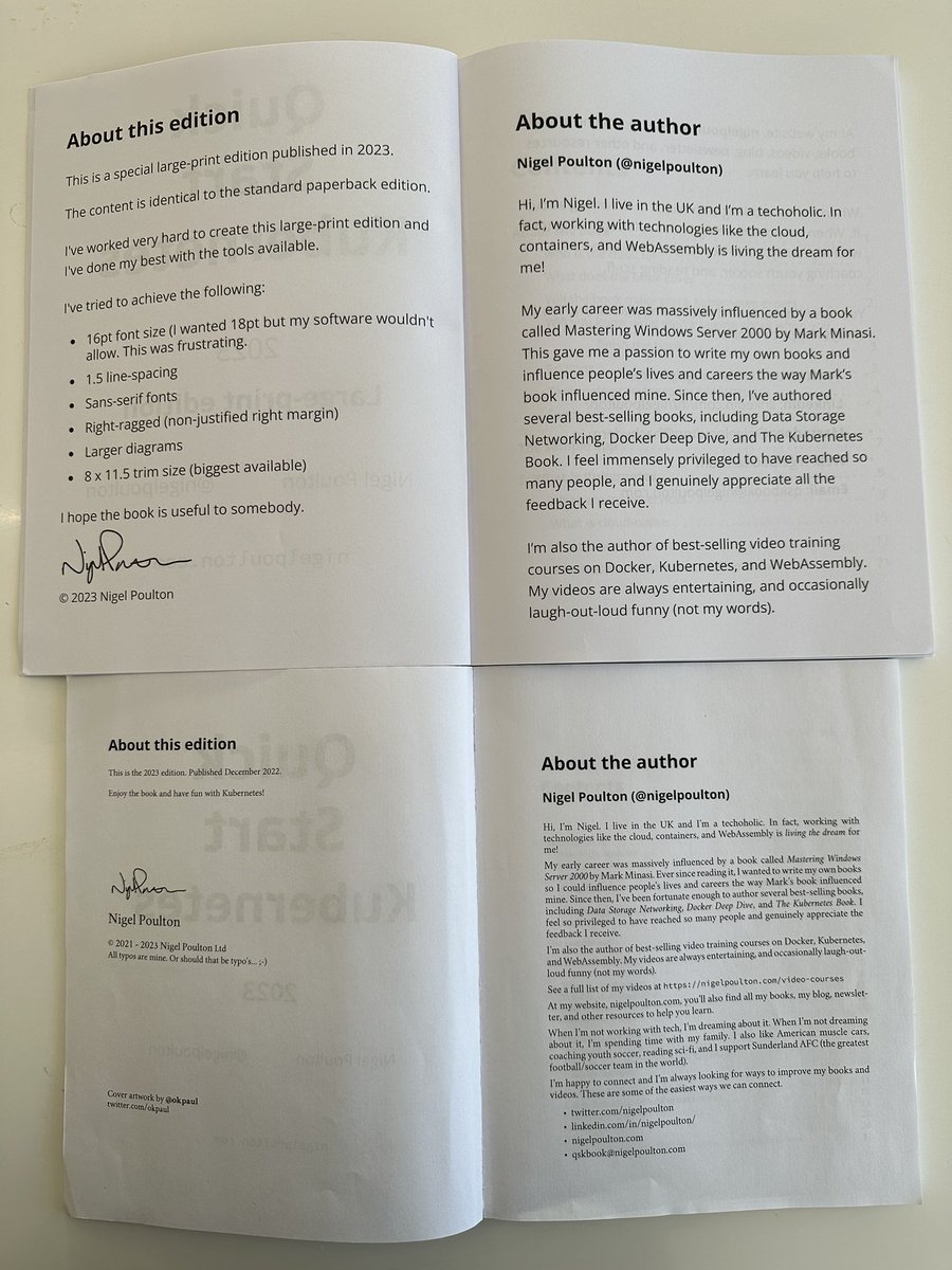 nigelpoulton's tweet image. Proof copies of my new LARGE-PRINT edition of Quick Start Kubernetes just arrived and I&apos;m absolutely loving it!!

Here&apos;s s couple of side-by-sides comparing it with the normal paperback. 

#Kubernetes #largeprintbooks #learnkubernetes