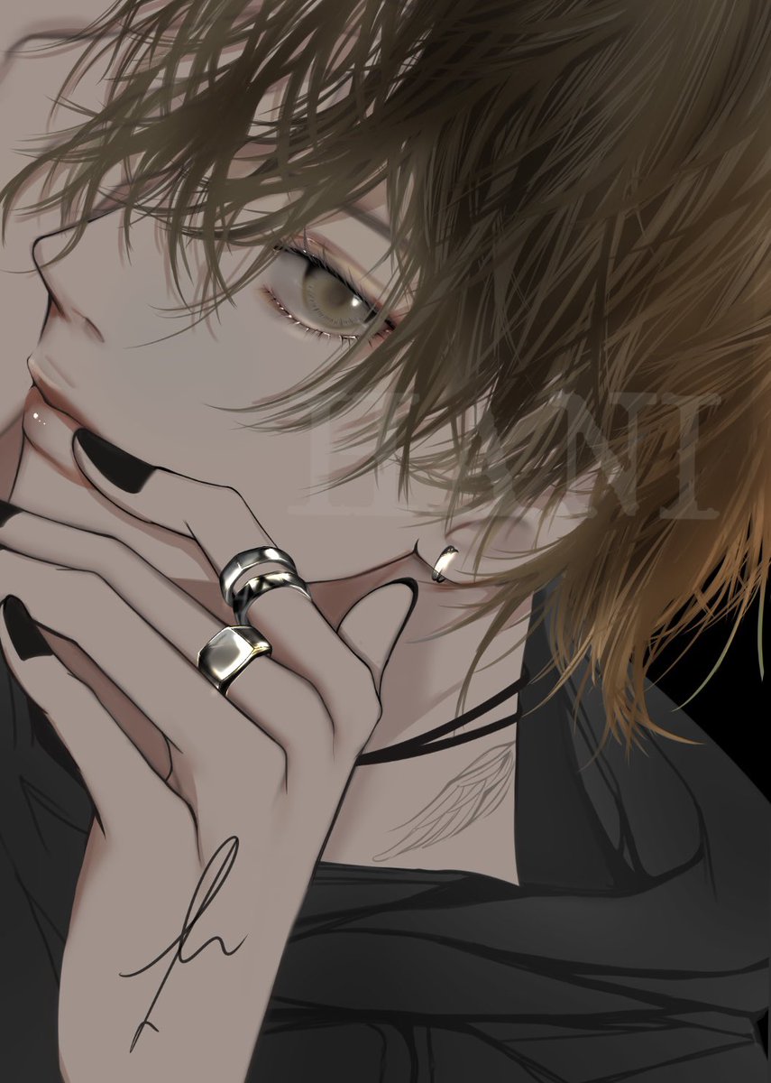 jewelry black nails male focus 1boy solo ring brown hair  illustration images