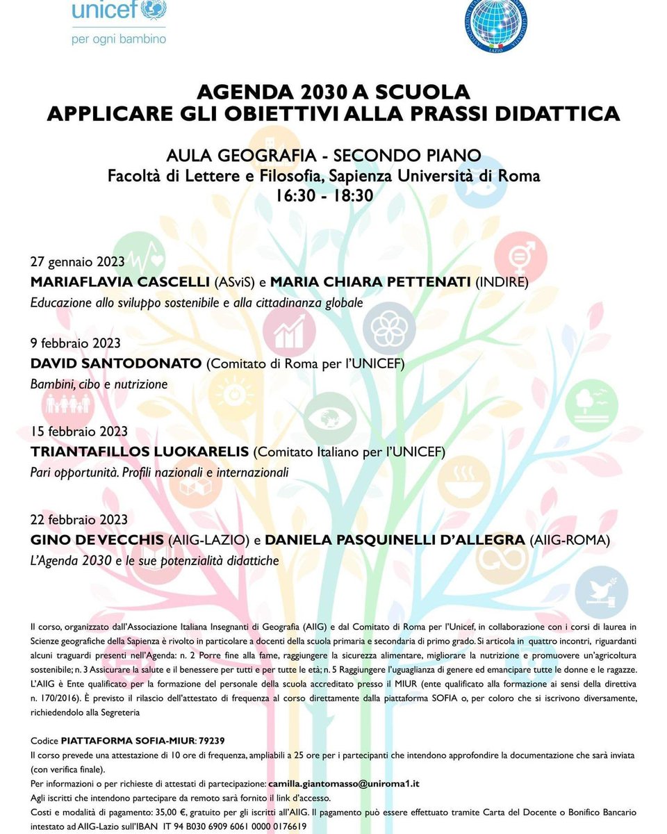 Ultimi giorni per iscriversi al corso <a href="/AIIG/">AIIG</a> con <a href="/UNICEF/">UNICEF</a>: #Agenda2030 a scuola, applicare gli obiettivi alla prassi didattica. Il corso gratuito per i soci, anche a distanza. Destinataridocenti dell'infanzia e della primaria. Il corso è sulla piattaforma SOFIA con il numero 79239.