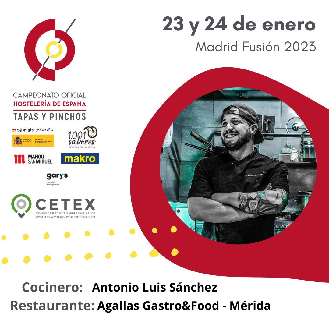 📍I Campeonato Oficial Hostelería de España – Tapas y Pinchos
👨‍🍳Antonio Luis Sánchez de Agallas Gastro&amp;Food representará a <a href="/CETEXOficial/">Confederación Empresas de Turismo de Extremadura</a> 
🗓️Recuerda, 23 y 24 de enero en <a href="/madridfusion/">madrid fusion</a> 
#CampeonatoHostelería #MadridFusion2023