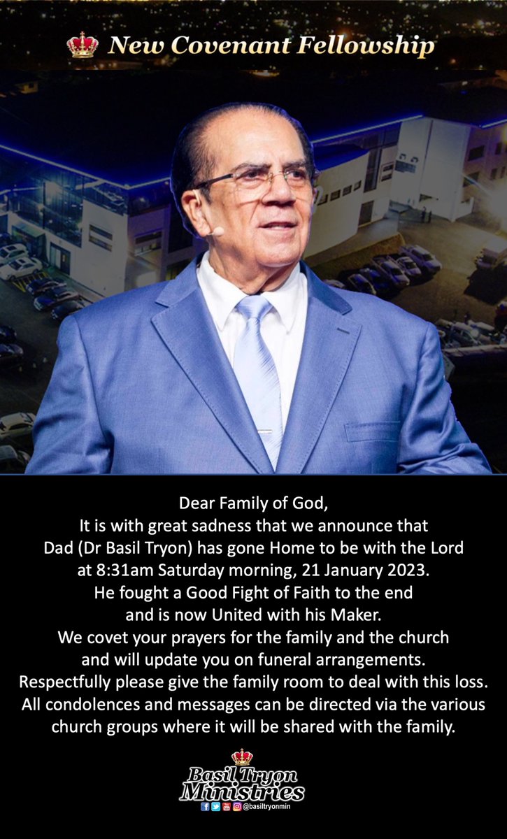 basiltryonmin's tweet photo. Dear Family of God, It is with great sadness that we announce that Dad (Dr Basil Tryon) has gone Home to be with the Lord today. 
He fought a Good Fight of Faith to the end and is now United with his Maker.
We covet your prayers for the family and the church https://t.co/T1J1GMDbbR