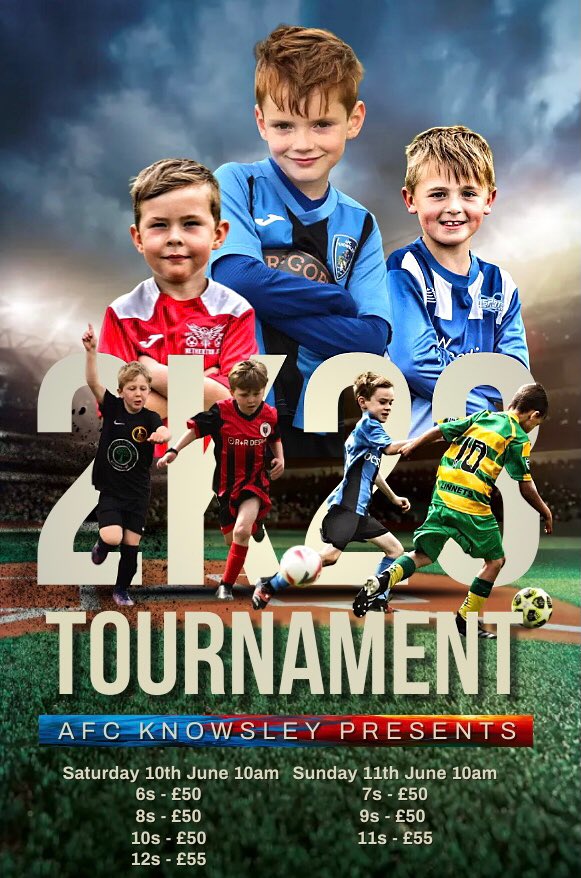 afc_knowsley's tweet photo. It’s official the clubs annual tournament is back with a bang
This is an end of season tournament based on age groups for the 22/23 season :
Saturday 10th June 10am START 
U6s - £50 
U8s - £50 
U10s - £50 
U12s - £55 
Sunday 11th June 10am START
U7s - £50
U9s - £50 
U11s - £55 https://t.co/zY2ll7Q0E3