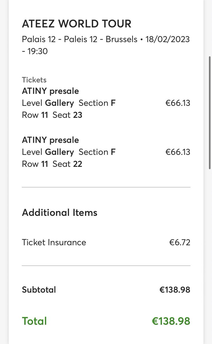 jhnsssssss's tweet photo. ❗️WTS❗️

2 TICKETS FOR ATEEZ IN BRUSSELS

category 5, gallery F
row 11, seats 22 + 23

selling for 132€, including insurance https://t.co/tc7C6faHgb