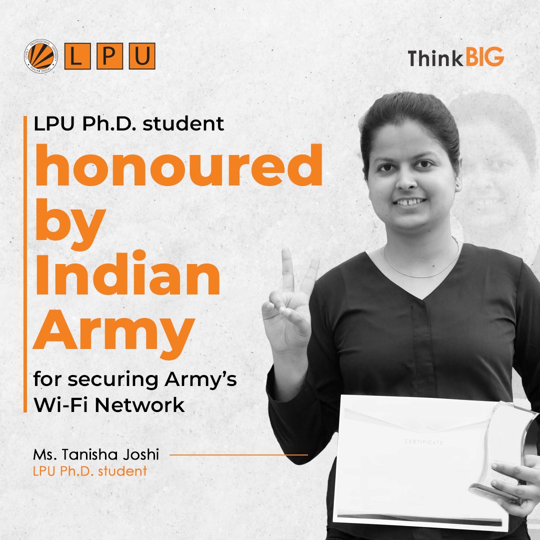 lpuuniversity's tweet photo. LPU Ph.D. student Ms. Tanisha Joshi has been honoured by the Indian Army for securing the Army's Wi-Fi Network!

#LPUForYou #LPUDiaries #LifeAtLPU #LPUStudentAchievements #IndianArmy #BestUniversity #ProudVerto #SaturdayThoughts #SaturdayMotivation #AchieveBIG #ThinkBIG https://t.co/WjMImgPsPV
