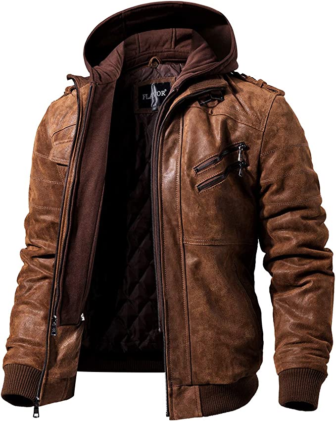 gd_creator7's tweet image. FLAVOR Men Brown Leather Motorcycle Jacket with Removable Hood #jackets #clothing #fashion #Mensfashion 
amzn.to/3iOszmF