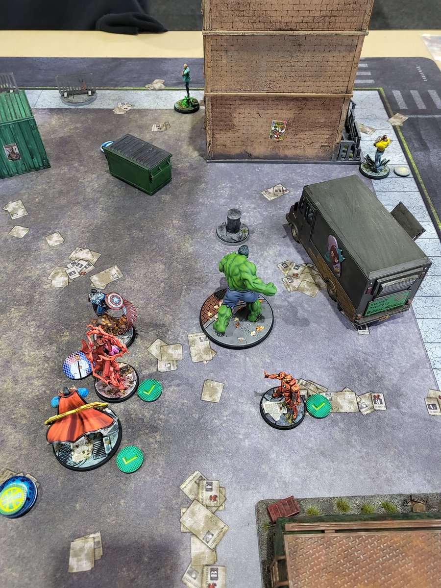 ZweihanderHall's tweet photo. Game 4 of MCP at Cancon: Vs Sam Avengers on Spider Portals and Researcher. Super close &amp; super enjoyable game! Last roll of the game Wong needs to flip a single uncontested portal. 87.5% chance, fails. Ends 13-13. 3-1-0 end of day 1, 2 games to go tomorrow! #marvelcrisisprotocol https://t.co/FB5u4Rndx8