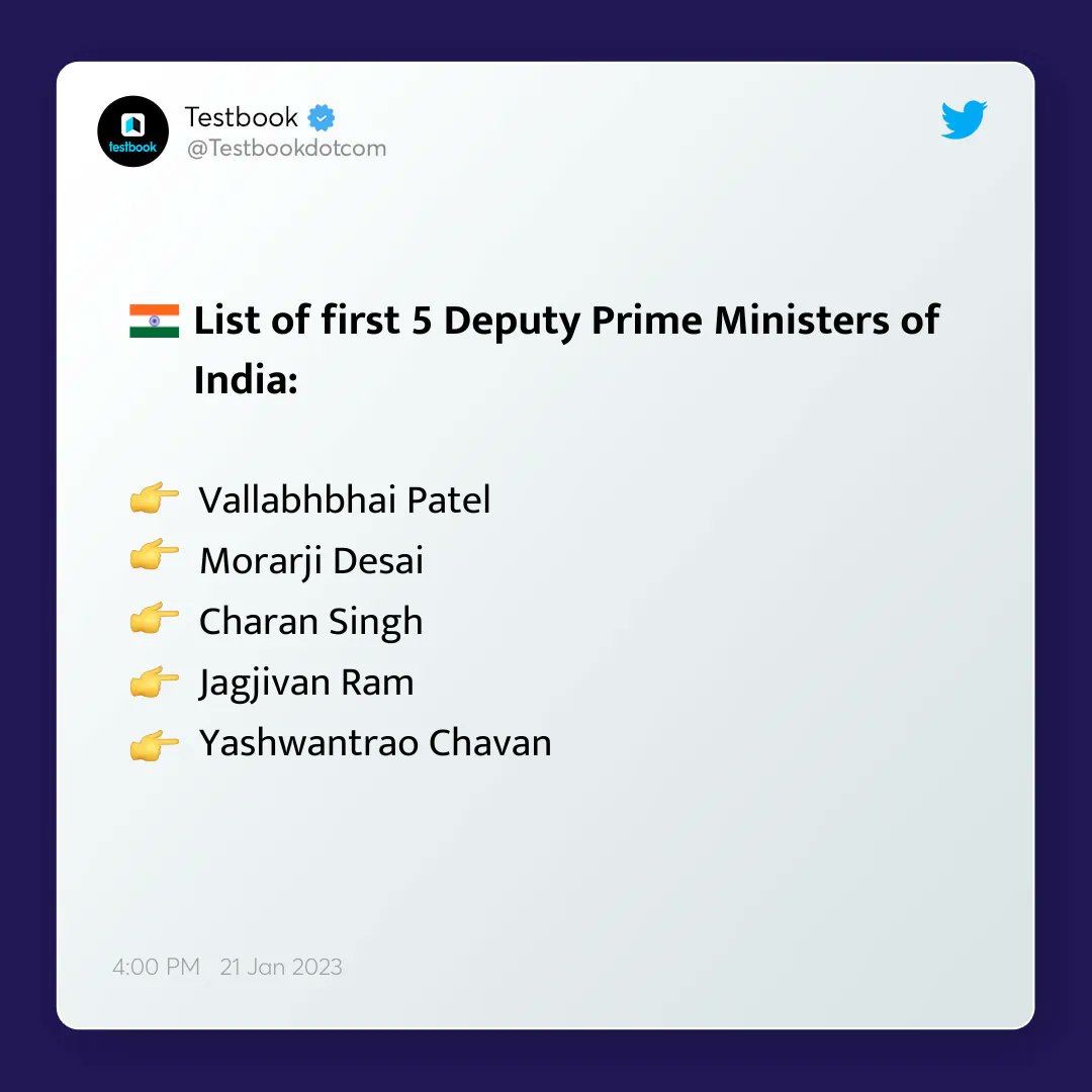 Testbook on Twitter "List of first 5 Deputy Prime Ministers of India. 🇮🇳"