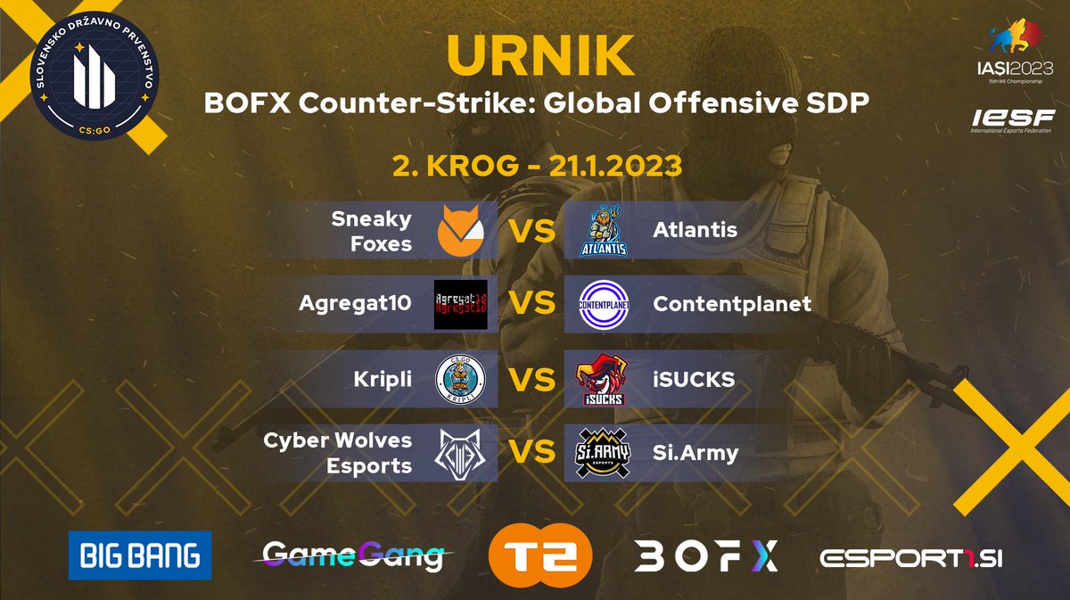 Urnik 2. kroga današjega SDP v videoigri CS:GO!
V grafiki si lahko ogledate spored današnjih tekem.
2. krog se začne ob 19.00. Tekme lahko spremljate na naslednjih povezavah:

Twitch: twitch.tv/eszslovenije
YouTube: youtube.com/channel/UCavi2…

<a href="/BigBangSlo/">Big Bang Slovenija</a> <a href="/Esport1SI/">Esport1 Slovenija</a> <a href="/tedvanet/">T-2 d.o.o.</a>