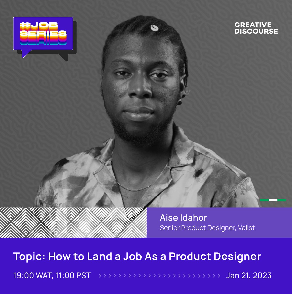 CrDiscourse's tweet photo. #JobSeries 1.0 🎉 

We are super excited to invite @Aise_Idahor, Senior Product Designer at @Valist_io to answer questions on how to land a job as a product designer. 

Please set a reminder 👇🏽 #CreativeDiscourse 

https://t.co/ndRZpJ7Liz https://t.co/PNM725g687