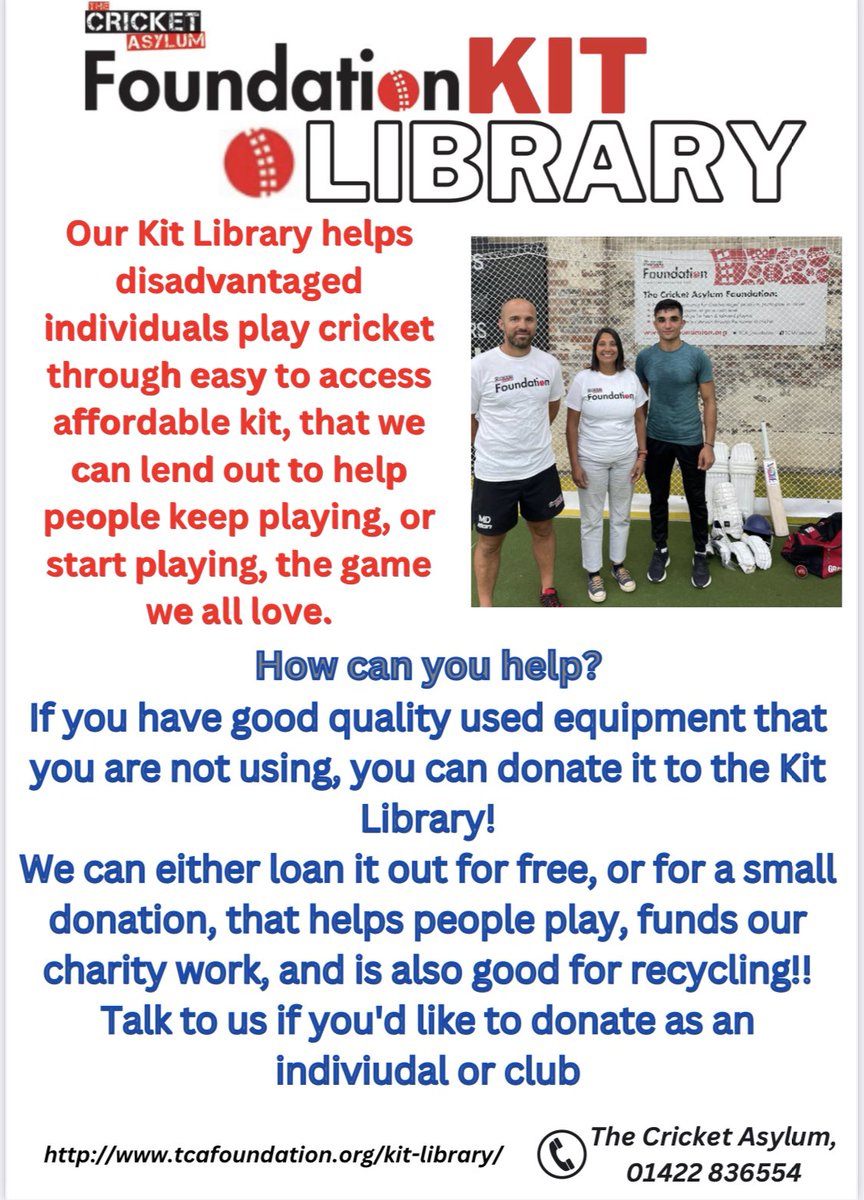 Can you help bring two of our initiatives together? 🤔
We’d love you to come &amp; participate in the <a href="/TCA_Foundation/">The Cricket Asylum Foundation</a> #24hrNetathon, &amp; if you do, do you have an good quality used kit you  could leave with us for our #KitLibrary?
One visit, loads of fun, two initiatives supported🙌🏽🏏