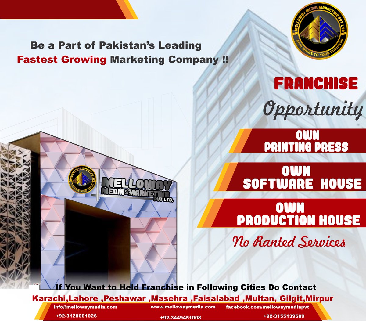 MellowayMedia's tweet photo. Franchises available 
Be a Part of Pakistan's Fastest Growing Marketing Company !!!
No ranted Services 
having Own Printing press with latest off set and Panaflex Printing Machines 
Own Software House with Experts in their feilds 
Own Production House making best commercial ads https://t.co/4DauNOkIn3