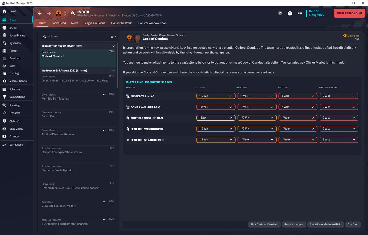 fminside's tweet image. This is fun in #FM23 🤣 I&apos;m at an amateur club on Martinique, so players aren&apos;t receiving any wages. 

But still I can have a code of conduct and fine players a couple of weeks wages...

#FMProblems