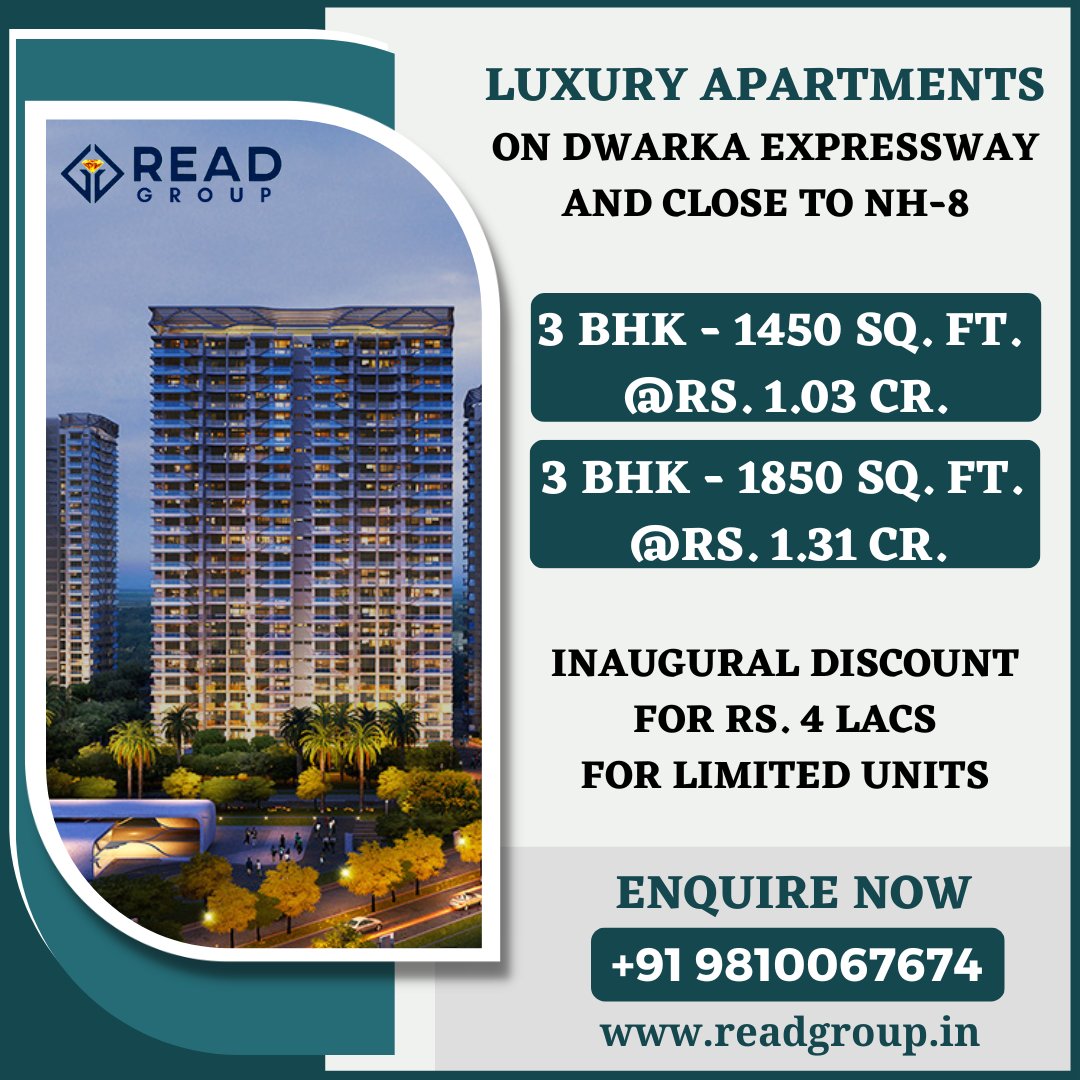 readproperties1's tweet photo. ☑️ Luxury Apartments
☑️ on Dwarka Expressway and Close to NH-8
☑️ 3BHK - 1450 sq.ft. @Rs. 1.03 Cr.
☑️ 3BHK+S - 1850 sq.ft. @Rs. 1.31 Cr.
----------------------
☑️ Call / WhatsApp +91 9810067674
.
.
.
#apartments #properties #gurgaon #residential
#realestate #luxuryflats https://t.co/nF1S8nwJZ3