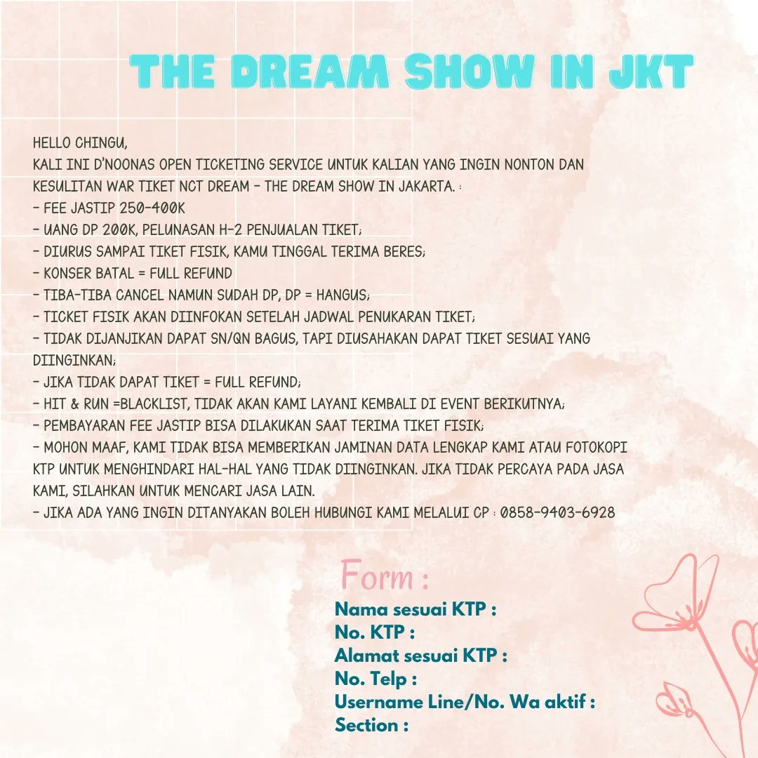 dnoonasproject's tweet photo. DNOONAS is coming for LIMITED SLOT JASTIP #NCTDREAM_THEDREAMSHOW2_in_JAKARTA

So, mau nntn brng dan gila2an brng Dedek gemes? Bagi yg ga smpt war, don't worry? Atau blm cukup dana tapi mau banget nonton bs join jastip di kita ya.
Info lengkap langsung kontak kami ya https://t.co/nT7tK8VM17