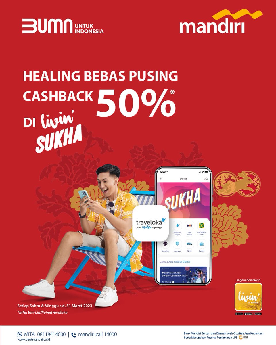 Healing bebas pusing karena liburan ke mana aja #JadiMakinEasy lewat fitur Livin' Sukha di aplikasi Livin’ by Mandiri. Bisa dapet cashback 50% lho!

Berlaku setiap Sabtu & Minggu s/d 31 Maret 2023. Info, klik bmri.id/livinxtraveloka

#mandiripromo #LivinSukha #PakaiLivin