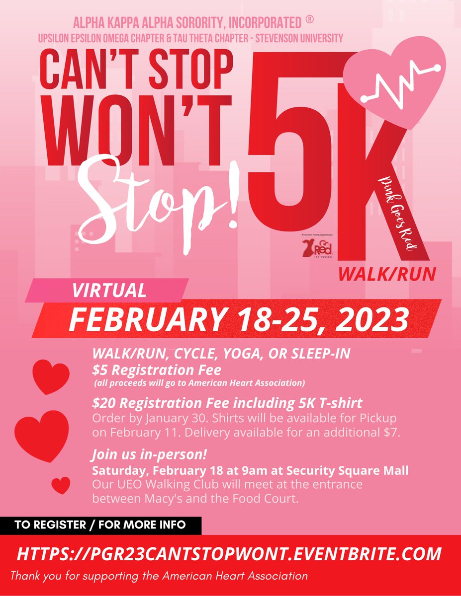 AKA_UEO's tweet photo. This February, Join Alpha Kappa Alpha Sorority, Inc.®  Upsilon Epsilon Omega Chapter and the Tau Theta Chapter - Stevenson University for our third annual virtual 5K as we walk/run in support of the American Heart Association.
https://t.co/M1pst0NKkE https://t.co/0so4t0eyLC
