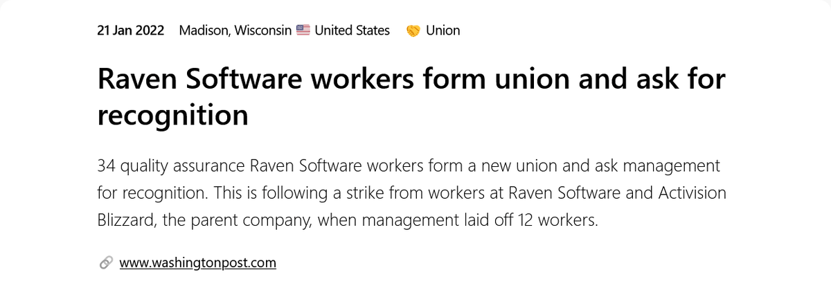 GWSolidarity's tweet photo. #OtD 21 Jan 2022 Raven Software workers (@WeAreGWA) form a union with CWA and ask for recognition. https://t.co/Sf5fCHSXSq https://t.co/bRHyrgRhtE