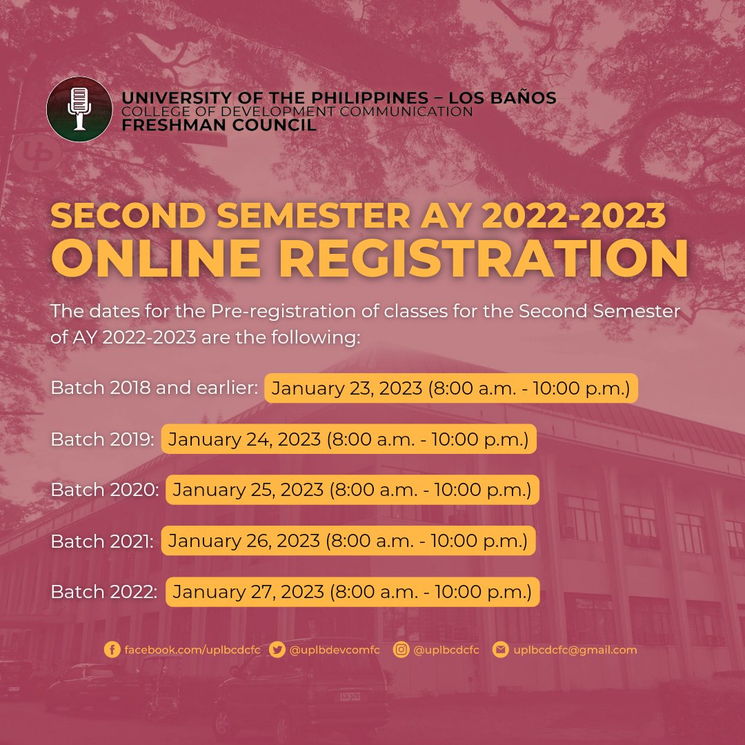 uplbdevcomfc's tweet photo. Hello, FSTs! We hope you're having your well-deserved rest this sem break!

In line with the online enlistment of classes for the Second Semester of AY 2022-2023, we would like to remind you of the dates for the Pre-registration next week.

Good luck, FSTs!

#CDCFC22 https://t.co/J9DOthqzVM