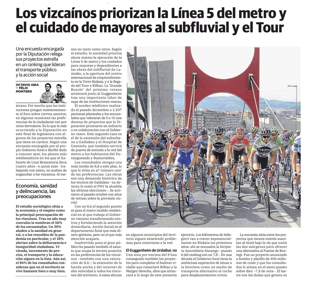 La sociedad de Bizkaia da prioridad al transporte público y los cuidados frente al cemento y los eventos. 
El modelo PNV en este y otros temas (fiscalidad, servicios, clientelismo...) cada vez más lejos de la gente.
¡Es necesario un cambio político en Bizkaia!
vía <a href="/elcorreo_com/">El Correo</a>