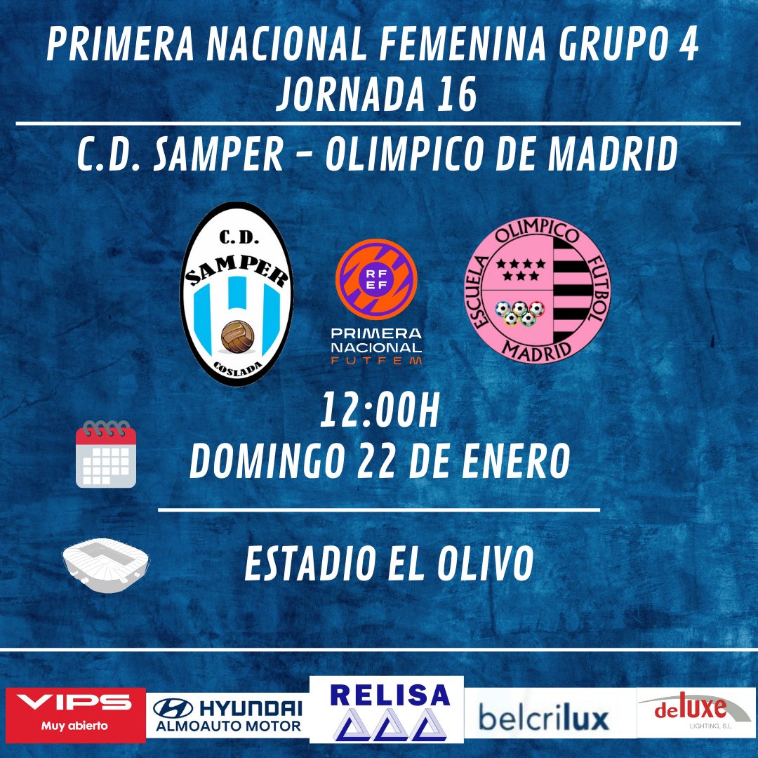 🔋Nuevo partido en casa para volver a buscar los tres puntos. Recibimos en El Olivo al <a href="/olimpicomadrid/">Olimpico de Madrid</a> 🔋

<a href="/cdsamper/">C.D. Samper</a> - <a href="/olimpicomadrid/">Olimpico de Madrid</a> 

🗓️J16 - Domingo 22 de Enero
⌚️12:00
🏟Estadio El Olivo
🖥️Youtube <a href="/RecsportE/">RecSport.es</a> 

#adnsamper