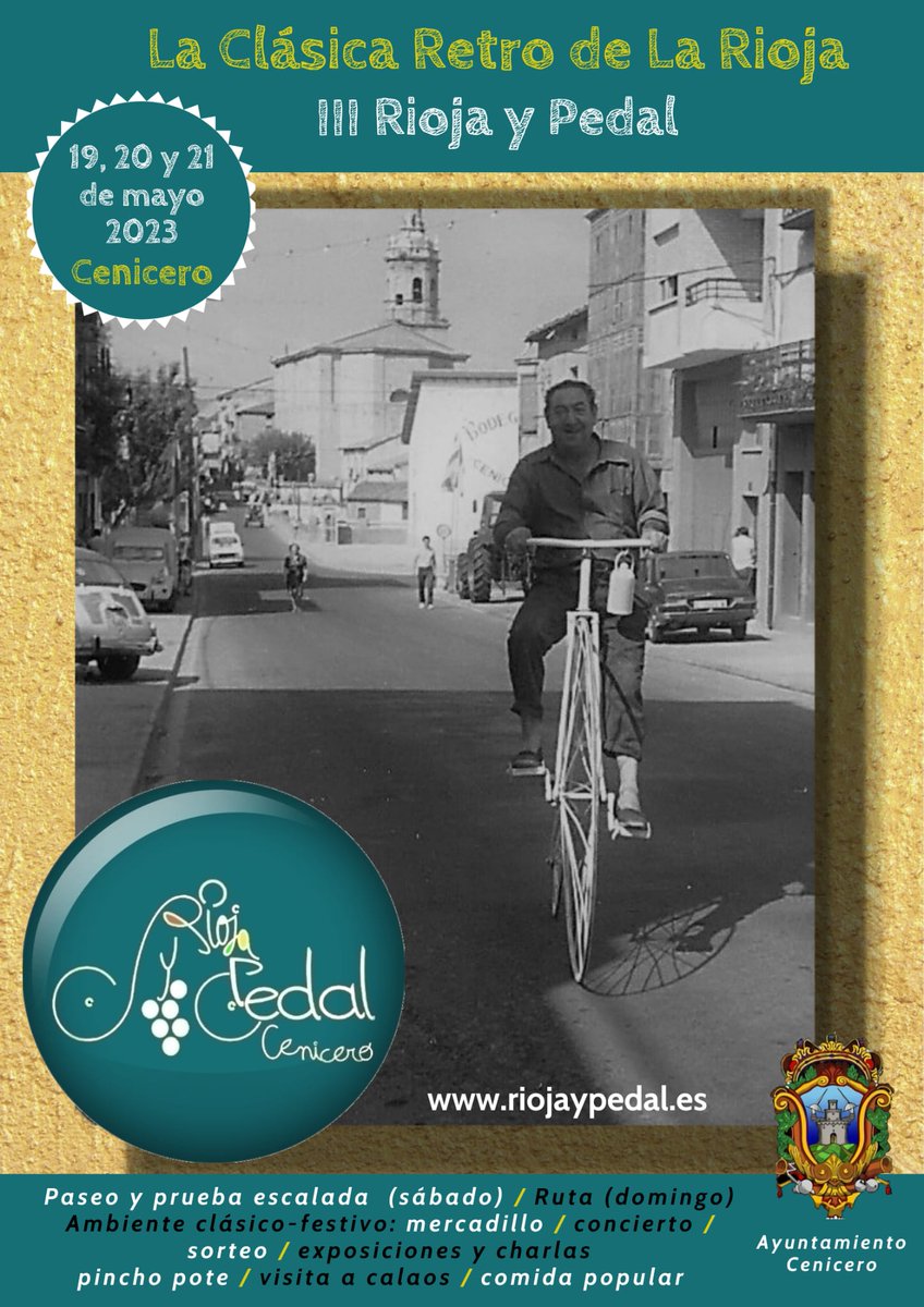 Cartel de la III Rioja y Pedal.
Eterno Cudillo!!
#riojaypedal2023 
#riojaypedal 
#laclásicaretrodelarioja 
#Cenicerocity 
#Cenicero 
#cenicerolarioja 
#vintagebike 
#vintagestyle 
#ciclismo 
#ciclismoclásico 
#retrocycling 
#retrobike 
#retrociclismo 
#ciclismovintage