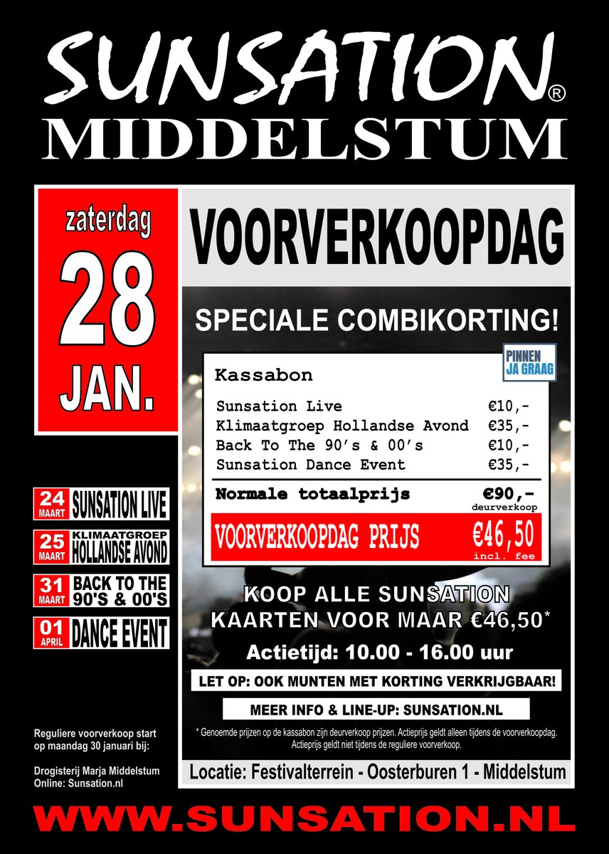 Sunsation88's tweet photo. Voorverkoopdag zaterdag 28 januari! De voorverkoop vindt plaats van 10 tot 16 uur op ons festivalterrein aan de Oosterburen 1, Middelstum. Kaarten en munten verkrijgbaar met een hoge korting. Zorg dat je op tijd bent want op=op! #sunsation #middelstum #sunsationdanceevent #sde23 https://t.co/wQ8j2r0nZ4