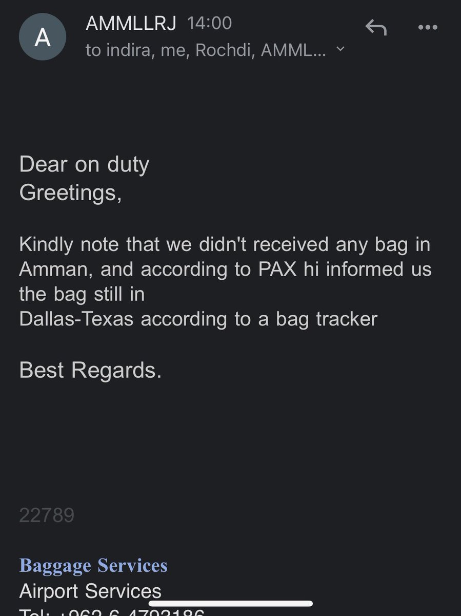 erika1213's tweet photo. What a joke @RoyalJordanian our bag went from Nyv to Washington to Dallas meanwhile we were on direct flight to from jfk to amman and still no bag after two weeks. What a joke https://t.co/M1WfPjvJKK