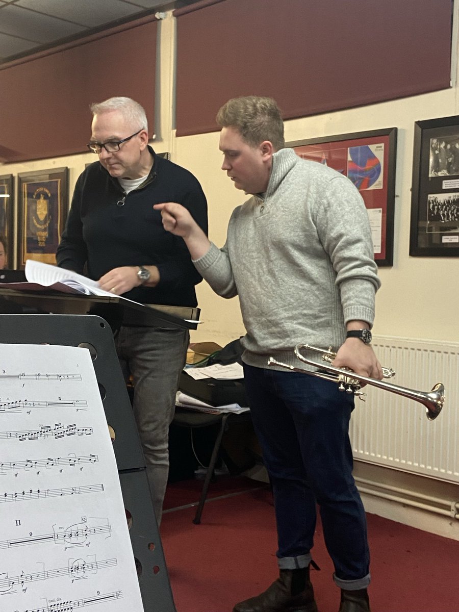 IanPorthouse's tweet photo. A privilege to welcome @JamesFountain94 to the bandroom preparing for @rncmlive on Saturday 28th January. Inspirational version of the Hummel Trumpet Concerto! Also a beautiful new composition from @SiDobsonMusic alongside the amazing ‘So Spoke Albion’ from @gavhiggins #MIMO #LSO https://t.co/2PRY9SEfTJ