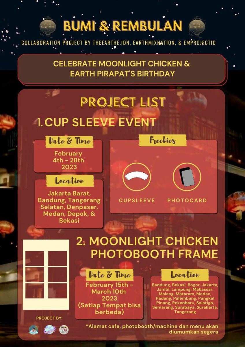 earthmixnation's tweet photo. [BUMI &amp; REMBULAN FAN PROJECT]

A collaboration project to celebrate Moonlight Chicken &amp; Earth Pirapat’s Birthday

— MLC Cup Sleeve 
— MLC special photobooth frame
— Earth’s Bday LED
— Berbagi Nasi Hainan

Check this out for more details!

#ProjectforEarthBD2023 #MoonlightChicken https://t.co/EOLQ5mdRR4