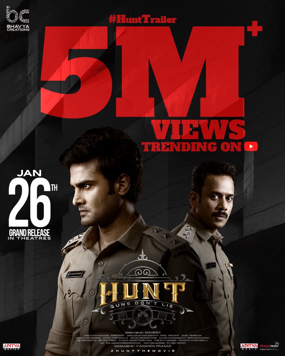 BhavyaCreations's tweet photo. #HuntTrailer Trending on YouTube with 5M+ views 💥
- https://t.co/Dy4gYd3XhK
Get ready to watch the action thriller in cinemas from 26th Jan 🔥
@isudheerbabu @bharathhere @actorsrikanth @Imaheshh @ChitraShuklaOff #Anandaprasad @BhavyaCreations @GhibranOfficial @vincentcinema https://t.co/XWBCBl0zH3