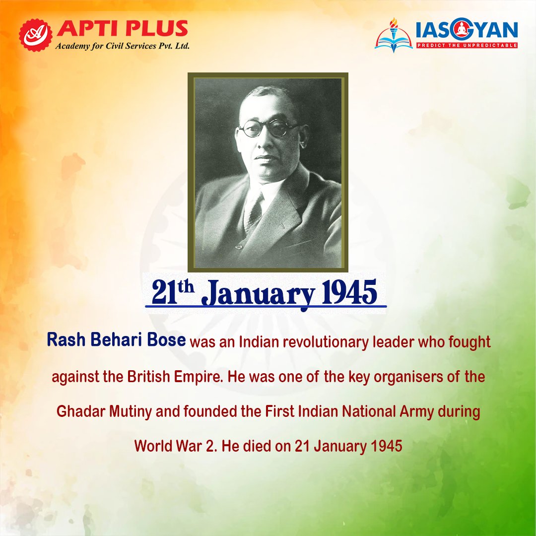IASGYAN1's tweet photo. On this day #21th January
#upsc #ias #upsccurrentaffairs #upscgeneralstudies #upscgeneralawareness #upscgeneralknowledge #rashbiharibose #21thjanuary #wbcs #oas #aptiplus #iasgyan https://t.co/esIOT7K5aV