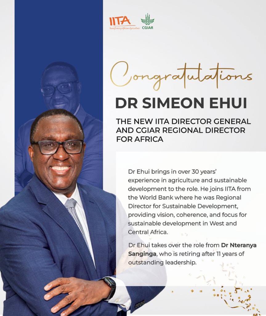 simeonehui's tweet image. I am excited to be appointed the 8th Director General of @IITA_CGIAR and the 1st Regional Director of the @CGIAR for Africa. @IITA_CGIAR and @CGIAR will be the driving force for food system transformation in #Africa.