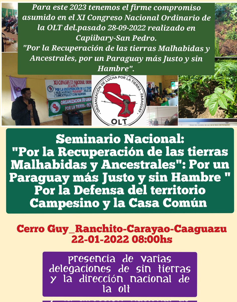 OLT_Paraguay's tweet photo. Siguiendo los lineamientos del XI Congreso Nacional Ordinario de la OLT-2022.
Seminario Nacional "Por la Recuperación de las tierras Malhabidas y Ancestrales": Por un Paraguay más Justo y sin Hambre.
''Por la Defensa del Territorio Campesino y la Casa Común'' (#LaudatoSi) https://t.co/RflVw2HV3X