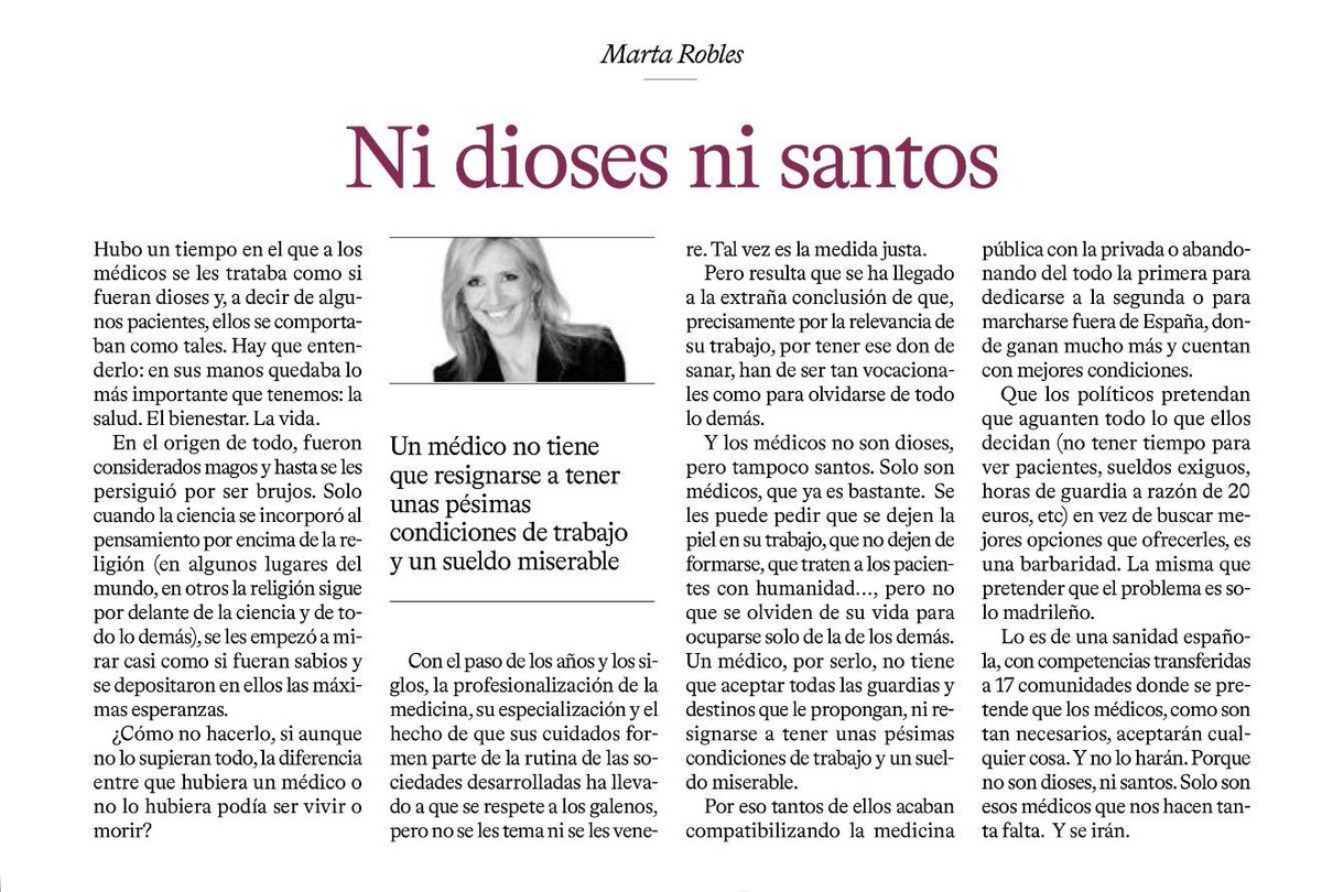 AngelaAmyts's tweet photo. "Sólo son esos médicos que nos hacen tanta falta. Y se irán." Por Marta Robles. https://t.co/v81ig1e93z