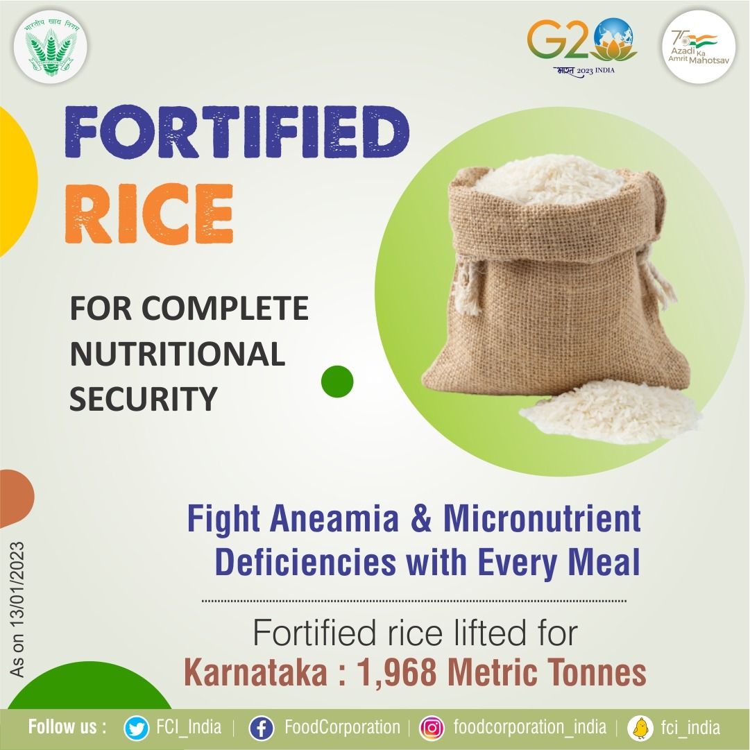 Fortified rice was lifted for distribution to the people of #Karnataka under #ICDS, #PMPoshan and #NFSA schemes during the IV quarter of phase-II of FY 2022-23.