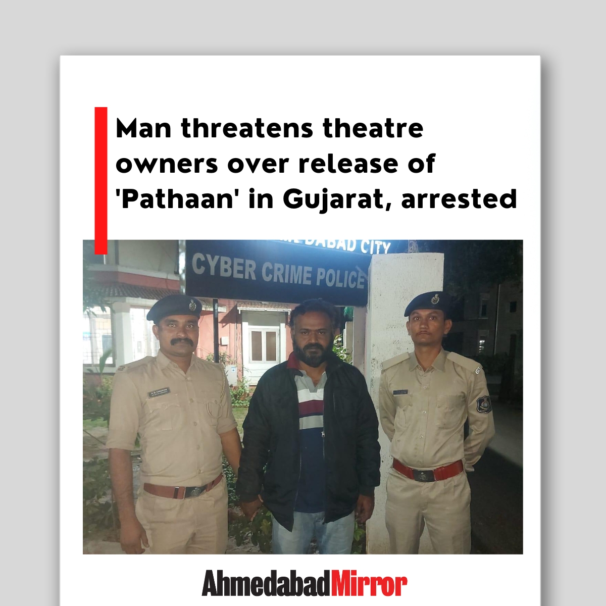 ahmedabadmirror's tweet photo. Man threatens theatre owners over release of 'Pathaan' in Gujarat, arrested
#amdavad #multiplexassociation #theaterowners #threat #movierelease #pathaan #karnisena #arrested #gujaratpolice #security #bollywoodmovie #shahrukhkhan #deepikapadukone #johnabraham #ahmedabadmirror https://t.co/fmVARB9CTU