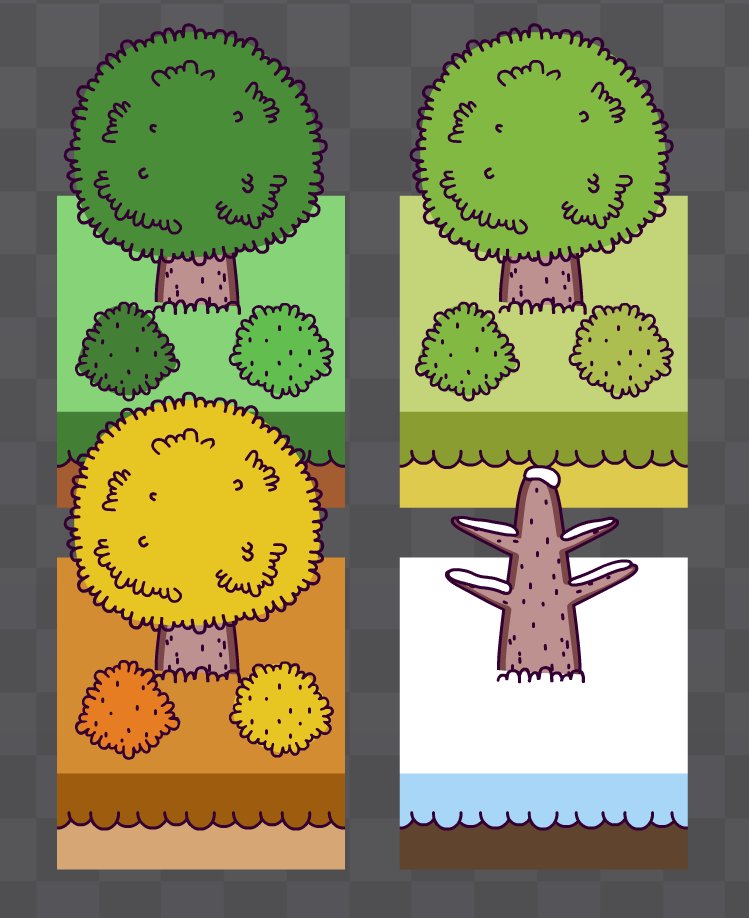 KanzGames's tweet photo. Sprites for the 4 seasons. Can't wait for everything to come together!

#screenshotsaturday 
#gamedev #indiedev #GameMaker https://t.co/n0T0i2Obha