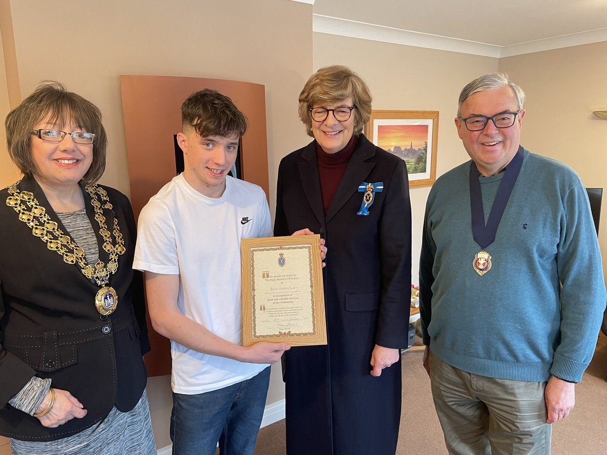 So proud to present Ben Thornbury aged 17 with a HS award for his extraordinary work in the community of Malmesbury, a young man who sees something needing doing and does it. <a href="/highsheriffs/">High Sheriffs' Association of England and Wales</a> <a href="/WiltsLieutenant/">Wiltshire Lieutenancy</a> @malmesburytc