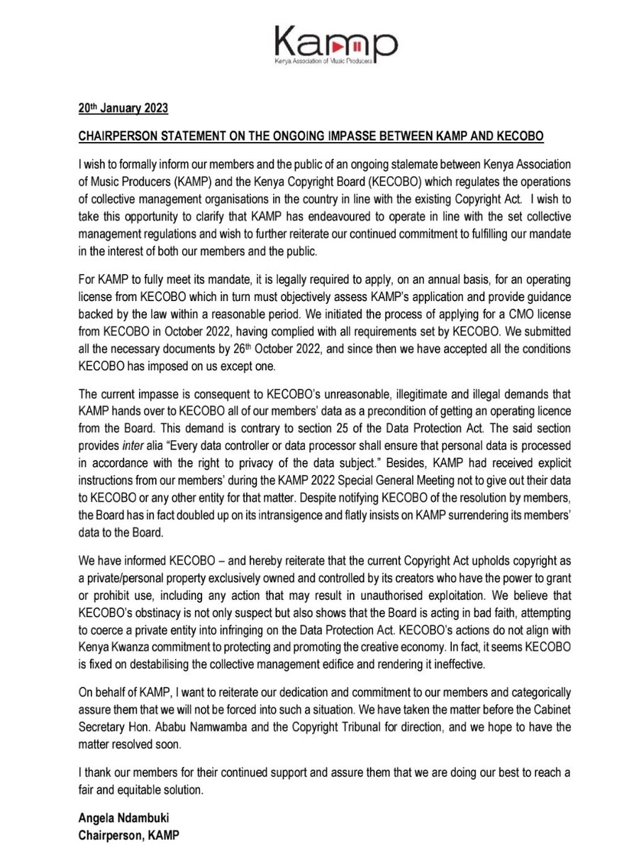 smutoro's tweet photo. I agree with @kampkenya. Folks at @KenyaCopyright cannot demand sharing of personal data contrary to @ODPC_KE law. KECOBO should be facilitative to KAMP. This is an issue @moscakenya CS must discuss with his @MoICTKenya counterpart @EliudOwalo and resolve asap @AngelaNdambuki https://t.co/KdjYTCpWt0