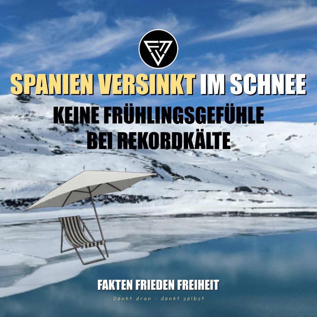 SPANIEN BIBBERT VOR KÄLTE

Das hat es im Sonnen-Urlaubsland so noch nie gegeben. 

Teilweise gab es 36 cm Neuschnee und minus 35 Grad Rekordkälte – das in Spanien! 
Wo ist hier die Klimaerwärmung?
 t.me/LIONMediaNews/…