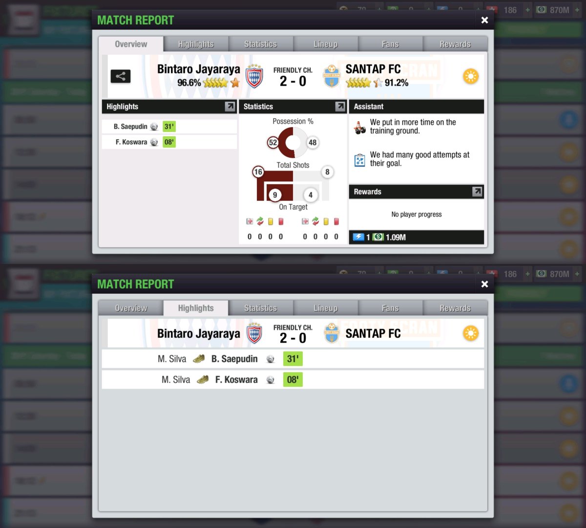 𝗠𝗔𝗧𝗖𝗛 𝘙𝘌𝘗𝘖𝘙𝘛

🏆 @Liga3TEI
📆 Round 11
⚽️ BJY 2️⃣➖️0️⃣ SFC
🆚️ <a href="/SANTAPFC/">SANTAP_FC</a>
🏟️ Home
💬 Tiga poin lagi ‼️ Asyik 🕺🏽 Gas terooooos 💥 💥 💥 

#Ready🕊
#TopEleven