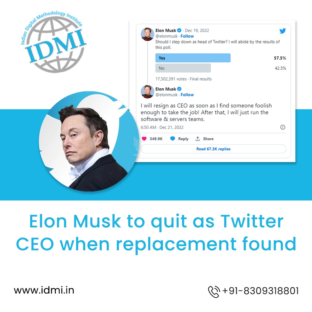IdmiOfficial's tweet photo. Elon Musk has said he will resign as Twitter's chief executive officer when he finds someone "foolish enough to take the job".

https://t.co/SG3VaMEgsp

#digitalmarketingcareer #Digitaltraining #digitalmarketingtraining #digitalmarketinglife #twitter #elonmusk https://t.co/sYH9JoNscX