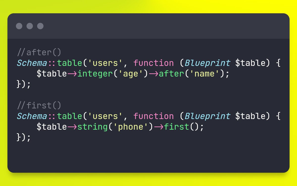 AfkirMarouan's tweet image. Use after() to add a new column after a specific one or first() to add it at the start of the table in @laravelphp migrations.

#laravel #laravelphp
