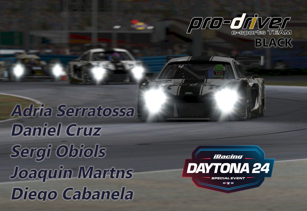 Prodriver e-sports BLACK:
<a href="/aserratosa/">Adrià Serratosa 🏁</a> 
<a href="/DiegoCabanela/">Diego Cabanela Suarez</a> 
<a href="/yagoduna7/">Daniel</a> 
<a href="/Kini_7/">joaquin martins lado</a> 
 <a href="/Obiols_Sergi/">Sergi Obiols Lleixà</a> 
venga, que solo son 24 horas...
#dalegas
#Daytona24 
@iracing