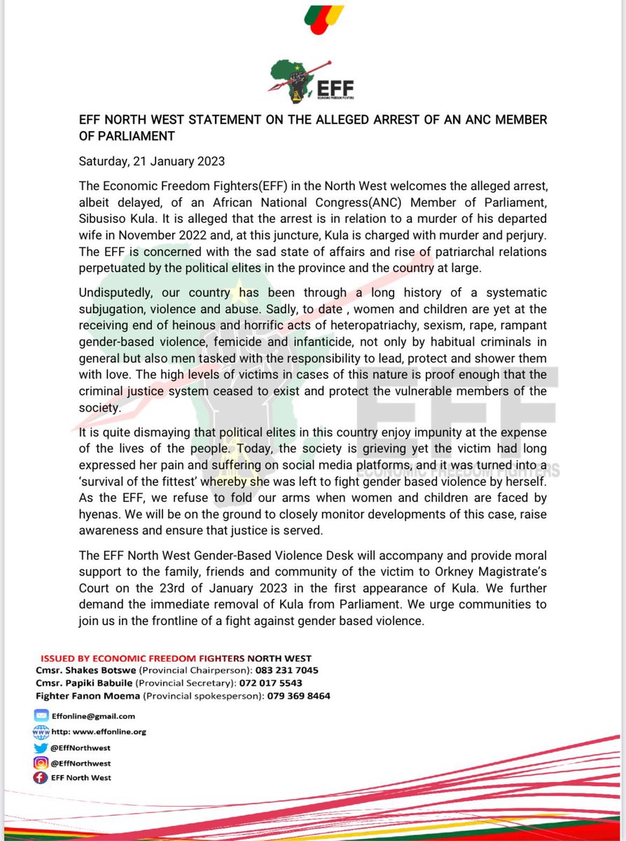 EffNorthwest's tweet image. ♦️Media Release♦️

EFF North West statement on the arrest of an ANC Member of Parliament, Sibusiso Kula.

#JusticeForJennifer