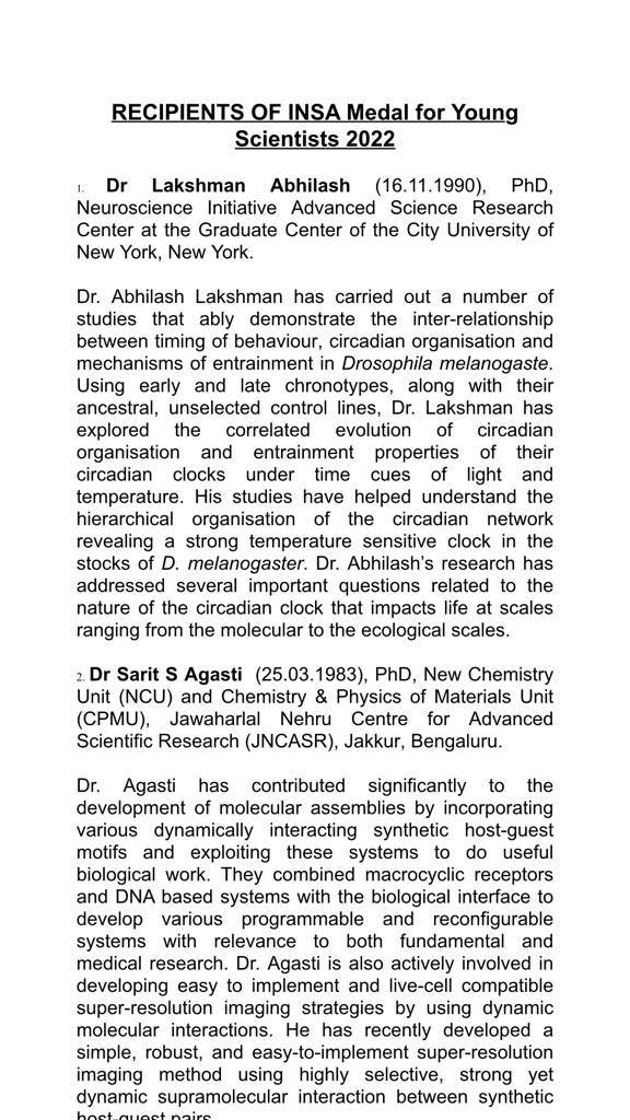 abhilash1690's tweet image. Honoured to have been awarded the Indian National Science Academy’s Medal for Young Scientists, 2022. This one’s for VKS!
Ever grateful to my mentors, mentees, colleagues and friends.
@insa_academy @SheebaVasu @jncasr @asrc_gc @AsrcInitiative