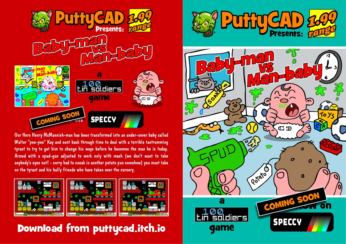 PuttyCAD's tweet photo. Puttycad Presents: Baby-Man Vs Man-baby a 100tinsoldiers game - COMING SOON for the ZX Spectrum at https://t.co/T1fUQ8DNXg -#puttycad #100tinsoldiers #ZXSpectrum #retro #retrogames #gamedev #indiedev  #screenshotsaturday #babymanvsmanbaby https://t.co/kBUUHYpTyq